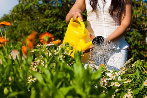 A woman in a white top is tending to a vibrant garden with an array of flowering plants, including orange and white blossoms, in a landscaped outdoor space. She is holding a yellow watering can, actively watering flowers and greenery, with water streaming from the spout onto the plants. The garden features a lush, green lawn with dense foliage and a backdrop of trees and shrubs, providing a natural, private setting. The scene appears to be set on a sunny day, with clear lighting highlighting the rich colours of the flowers and leaves. Visible elements include the well-maintained grass, flower beds with diverse blooms, and paving stones bordering sections of the garden, contributing to an organized layout. This outdoor space exemplifies typical features of professional garden maintenance in Canary Wharf, supporting local gardening services such as those offered by Gardening Services Canary Wharf to improve and sustain lush, attractive outdoor environments.
